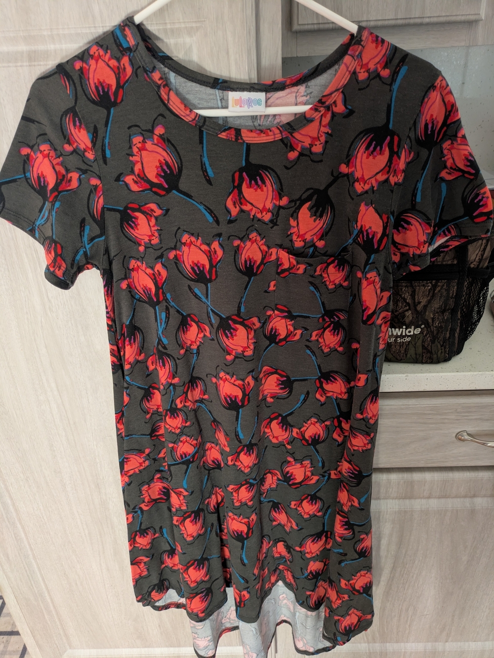 LuLaRoe Gray Midi Dress with Red Floral and Blue Accents